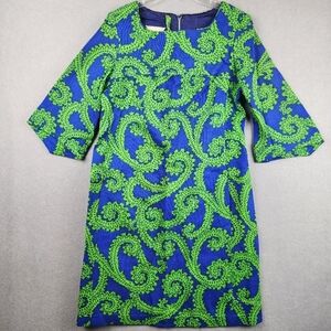 Vintage Sue Brett Blue and Green Patterned Dress 1950's Tag Workers Union Lined